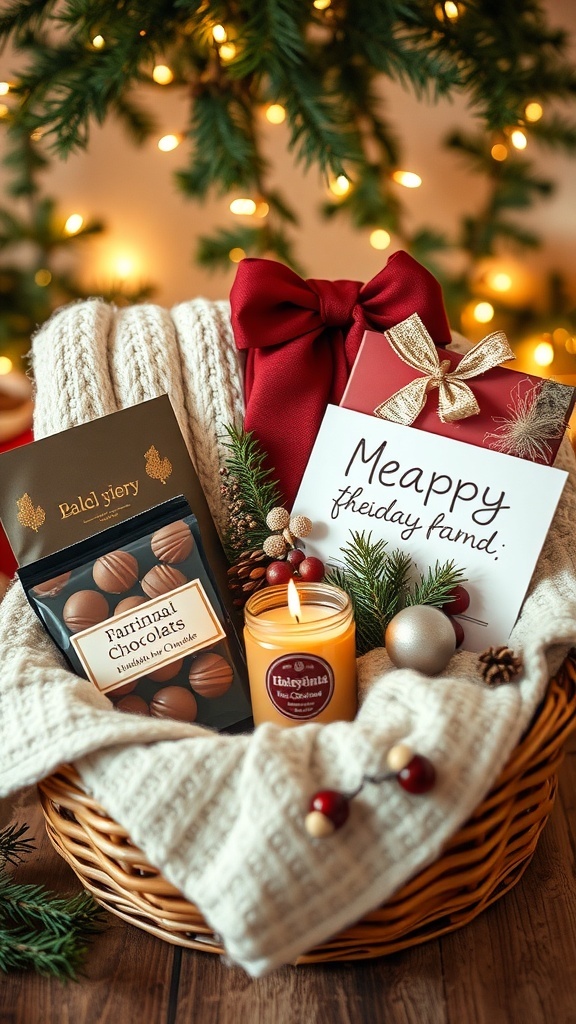 A festive Christmas gift hamper with chocolates, a blanket, a candle, and a card in a basket, surrounded by holiday decorations.